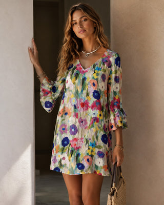 Floral Womens Dress V-Neck Bell Sleeves Knee-Length Casual Summer Dress