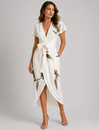 Floral Midi Womens Dress Wrap Style Deep V-Neck Short Flutter Sleeves Adjustable Fit