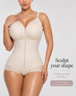 High Compression Shapewear Bodysuit Adjustable Straps Zipper Closure Triangle Lace Design
