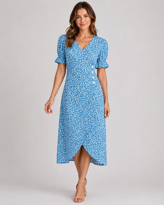 Floral Midi Dress with Wrap Front Design V-Neckline Short Ruffled Sleeves Asymmetrical Hem Lightweight Fabric