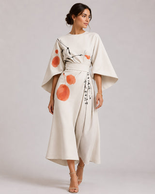 Floral Midi Dress for Women with Kimono Sleeves Adjustable Tie Belt Calf Length Summer Style