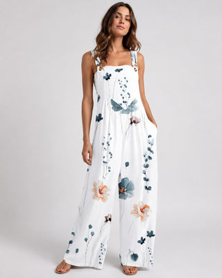 Floral Wide Leg Womens Jumpsuit with Square Neck Tank Straps and Side Pockets in Soft Fabric