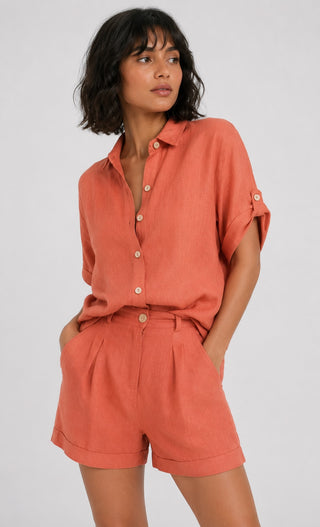 Women's Casual Button-Down Shirt and Shorts Set Relaxed Fit Mid-Thigh Soft Fabric