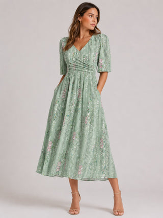 Floral Midi Dress V-Neck Short Sleeve Gathered Waist Lightweight Fabric for Women’s Summer Dresses