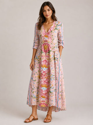 Floral Midi Dress Womens A-Line V-Neck Long Sleeve Lightweight Casual Wear