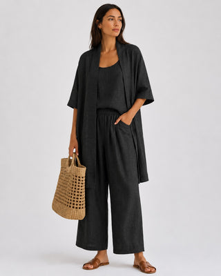Modern Casual Three-Piece Set for Women Including Cardigan Tank Top and Relaxed Pants in Linen-Cotton Blend