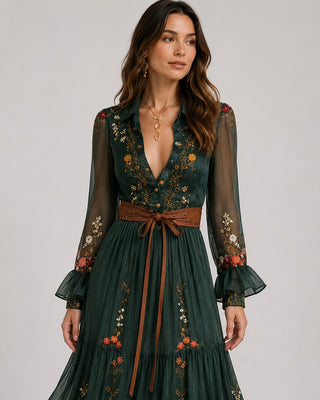 Boho Floral Maxi Dress with Long Sleeves in Lightweight Fabric and Pleated Skirt for Women