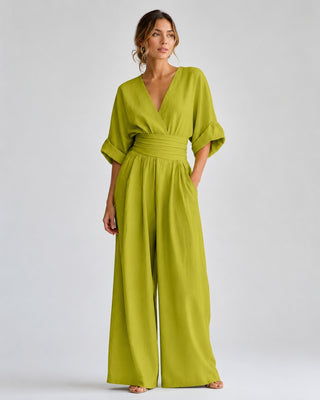 Black Maxi Jumpsuit Women's V-Neck Wrap Design Comfortable Wide-Leg Fit for Casual or Dressy Occasions