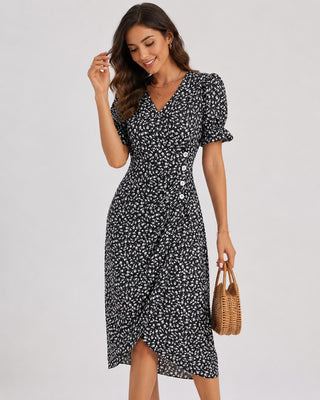 Floral Midi Dress with Wrap Front Design V-Neckline Short Ruffled Sleeves Asymmetrical Hem Lightweight Fabric