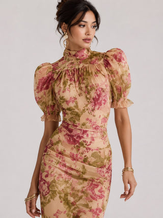 Floral Maxi Dress Women's Summer Wedding Guest Dresses Lightweight Puff Sleeve Ruffled Hem