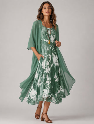 Floral Midi Dress Set with Open Cardigan Lightweight Relaxed Fit Layered Design for Women