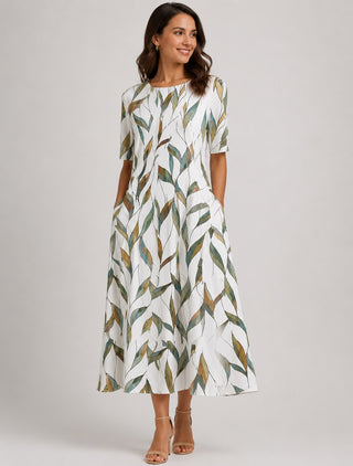Floral A-Line Women's Dress with Pockets Lightweight Fabric Summer Casual Midi Style
