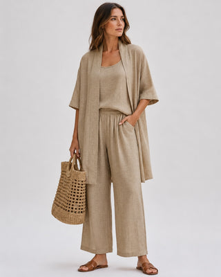 Modern Casual Three-Piece Set for Women Including Cardigan Tank Top and Relaxed Pants in Linen-Cotton Blend