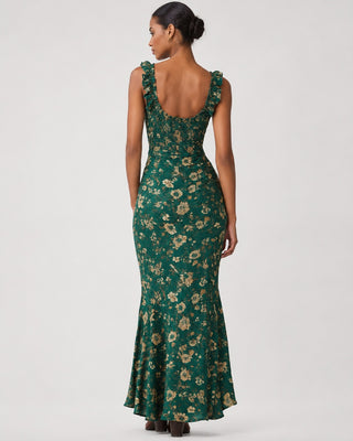 Floral Maxi Dress Women's Summer Dress A-Line Lightweight Fabric High Slit Ruffled Sleeves
