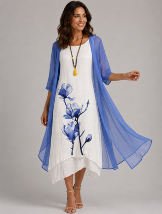 Floral Print Midi Dress Set with Loose Chiffon Cardigan in Linen for Women's Summer Dresses