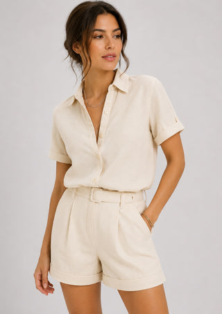 Women's Casual Button-Down Shirt and Shorts Set Relaxed Fit Mid-Thigh Soft Fabric