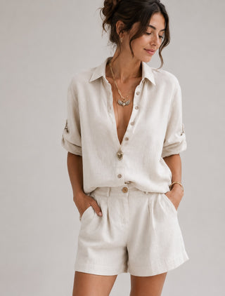 Women's Casual Button-Down Shirt and Shorts Set Relaxed Fit Mid-Thigh Soft Fabric