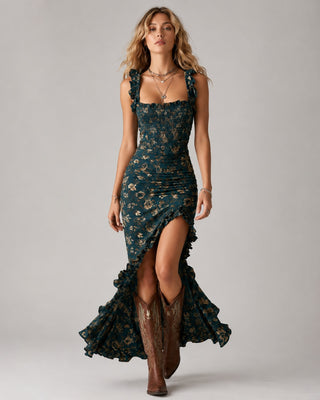 Floral Maxi Dress Women's Summer Dress A-Line Lightweight Fabric High Slit Ruffled Sleeves