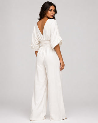 Black Maxi Jumpsuit Women's V-Neck Wrap Design Comfortable Wide-Leg Fit for Casual or Dressy Occasions
