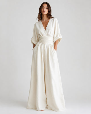 Black Maxi Jumpsuit Women's V-Neck Wrap Design Comfortable Wide-Leg Fit for Casual or Dressy Occasions