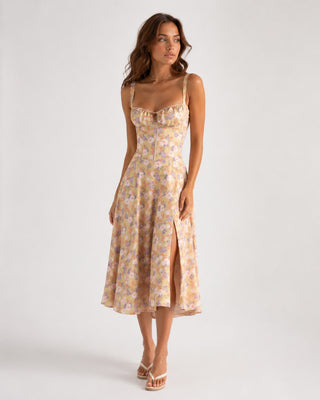 Floral Summer Dress Midi Length Fitted Bodice Sweetheart Neckline with Side Slit for Wedding Guests