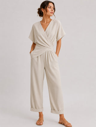 Modern Wrap Jumpsuit Set V-Neck Short Sleeve Adjustable Waist Relaxed Fit Soft Fabric