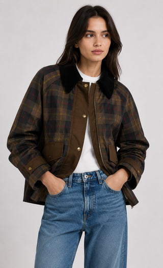 Plaid Women's Jacket with Faux Fur Collar Relaxed Fit Button Closure and Patch Pockets for Winter Coats Women