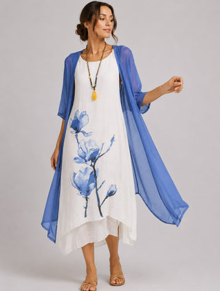 Floral Print Midi Dress Set with Loose Chiffon Cardigan in Breathable Linen for Women