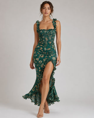 Floral Maxi Dress Women's Summer Dress A-Line Lightweight Fabric High Slit Ruffled Sleeves