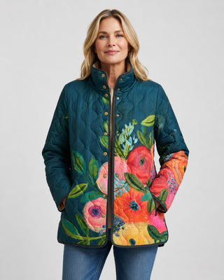 Floral Print Quilted Jacket for Women with Button Front and Stand Collar for Transitional Seasons