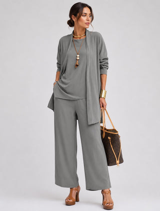Women's Loungewear Set Modern Wide Leg Three-Piece Cardigan Top and Pants Soft Fabric Relaxed Fit