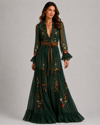 Boho Floral Maxi Dress with Long Sleeves in Lightweight Fabric and Pleated Skirt for Women