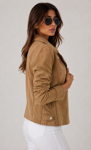 Cropped Suede Moto Jacket for Women with Angled Zipper and Button Details
