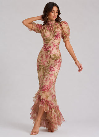 Floral Maxi Dress Women's Summer Wedding Guest Dresses Lightweight Puff Sleeve Ruffled Hem