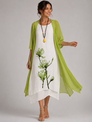 Floral Print Midi Dress Set with Loose Chiffon Cardigan in Linen for Women's Summer Dresses