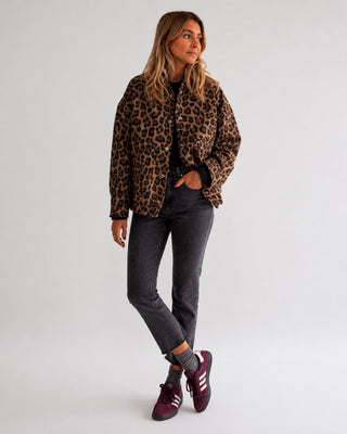 Leopard Print Bomber Jacket Women Oversized Button Front Casual Layering Outerwear