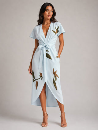 Floral Midi Womens Dress Wrap Style Deep V-Neck Short Flutter Sleeves Adjustable Fit