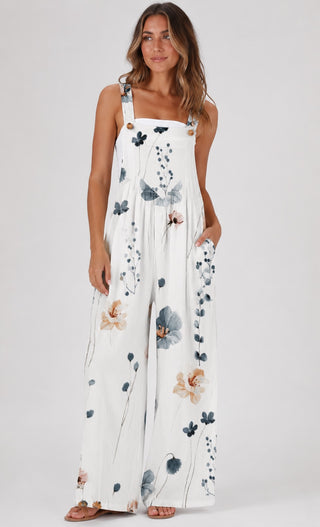 Floral Wide Leg Womens Jumpsuit with Square Neck Tank Straps and Side Pockets in Soft Fabric