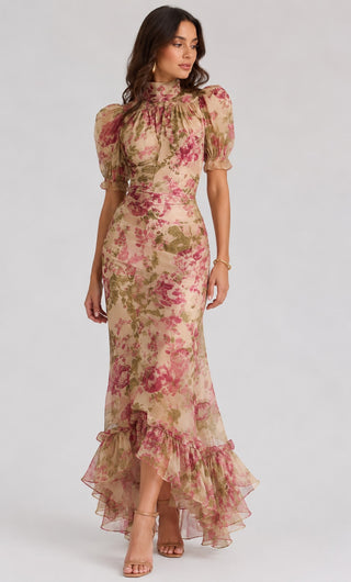 Floral Maxi Dress Women's Summer Wedding Guest Dresses Lightweight Puff Sleeve Ruffled Hem