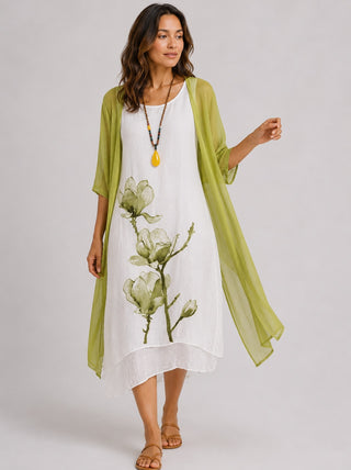 Floral Print Midi Dress Set with Loose Chiffon Cardigan in Breathable Linen for Women