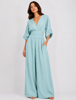 Black Maxi Jumpsuit Women's V-Neck Wrap Design Comfortable Wide-Leg Fit for Casual or Dressy Occasions