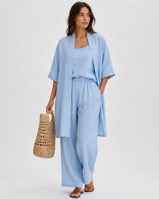 Modern Casual Three-Piece Set for Women Including Cardigan Tank Top and Relaxed Pants in Linen-Cotton Blend