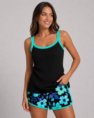 Modern Tummy Control Tankini Set with Ribbed Top and Floral Patterned Shorts for Women