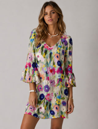 Floral Womens Dress V-Neck Bell Sleeves Knee-Length Casual Summer Dress