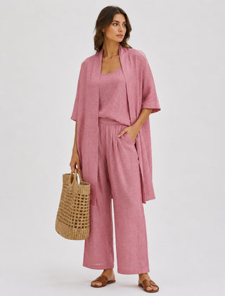 Modern Casual Three-Piece Set for Women Including Cardigan Tank Top and Relaxed Pants in Linen-Cotton Blend