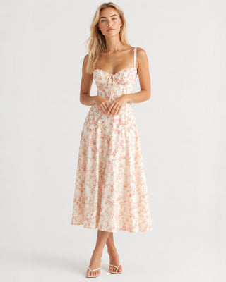 Floral Summer Dress Midi Length Fitted Bodice Sweetheart Neckline with Side Slit for Wedding Guests