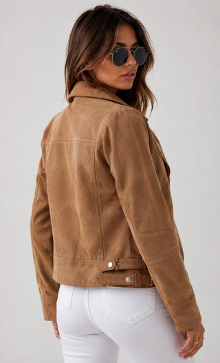 Cropped Suede Moto Jacket for Women with Angled Zipper and Button Details