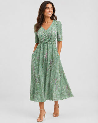 Floral Midi Dress V-Neck Short Sleeve Gathered Waist Lightweight Fabric for Women’s Summer Dresses