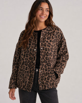 Leopard Print Bomber Jacket Women Oversized Button Front Casual Layering Outerwear