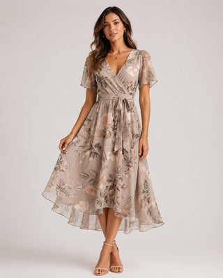 Floral Midi Dress V-Neck Wrap Adjustable Waist Short Flutter Sleeves Soft Fabric Summer Wedding Guest Dresses